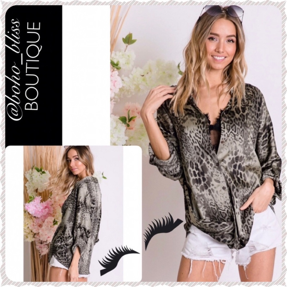 Leopard Animal Print Twist Front Button Blouse Satin NWT
